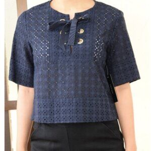 ZARA Basic Navy Blue Eyelet Lace Up Blouse